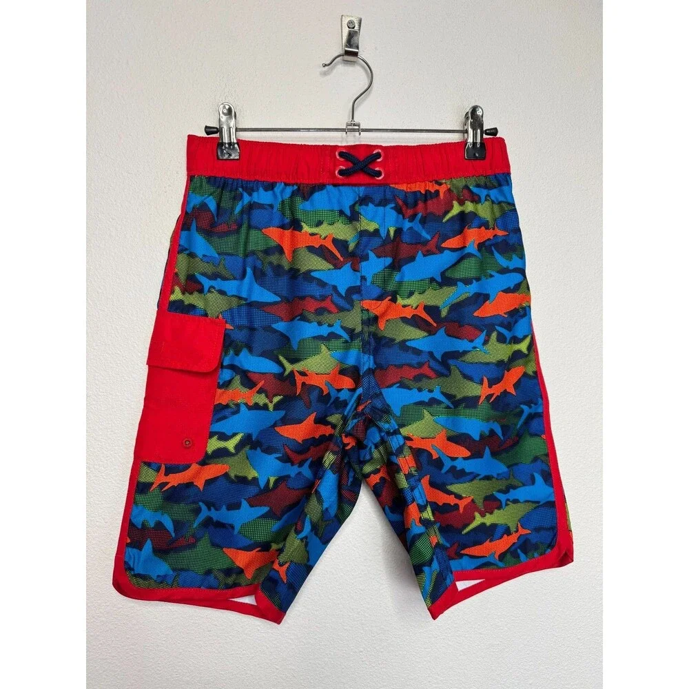 Lands End Boys XL Cargo Pocket Swim Trunks Deep Sea Navy Blue Multi Sharks NWOT